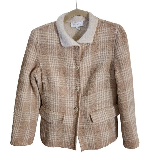 Escada Vintage Alpaca Blend Neutral Tan Plaid Sweater Jacket Size 6 - Picture 1 of 6